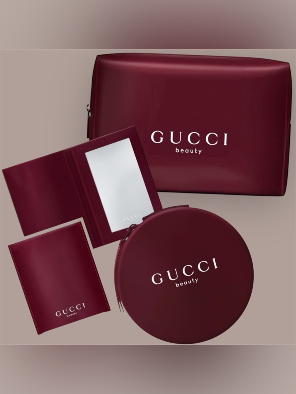 Burgundy Gucci Beauty Compact Mirror + Cosmetic Pouch/Circle Case Trio SET - Picture 1 of 16